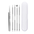 5-piece stainless steel acne extractor set with tweezers and tools in transparent case - 4 Needles + No.5 Straight Tweezer + Box