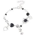 Y2K style beaded bracelet with silver cat claw heart charms and black star beads - White K Cat Style (2921)