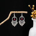 Bohemian silver earrings with red beads and fringe hanging on a vintage wooden branch - Silver + Red Bead + Grid Tassel (E5814-1/Red)