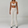 Off-white cloud-feel yoga set with backless halter sports bra and high-waisted flared pants - S / Bra Style 2 + Flare Pants / Beige