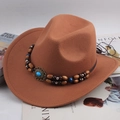 Vintage brown wide brim jazz hat with ethnic beaded band on a stylish magazine background - Double Row Beads / Caramel