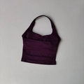Detailed view of dark purple halter neck yoga top with gathered front and seamless fabric - Grape Purple
