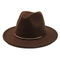 Close-up of brown wool fedora with black ribbon and gold metal buckle detail - One Size 58cm / Coffee