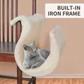 White plush hanging cat hammock with sturdy metal frame mounted on a wooden chair - S-Shaped Hammock Rabbit Fur Beige