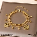 Double-layered gold stainless steel heart charm bracelet with sparkling rhinestones and beads - Angel Relief Zirconia Heart Style (KB203689-Z)