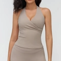 V-neck halter neck yoga vest in taupe color with a smooth matte fabric finish - S / Flaxen