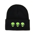 Bonnet noir tendance en maille avec trois broderies extraterrestres vert fluo - Taille unique / Noir