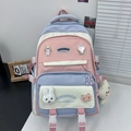 Roze blauw en witte patchwork rugzak voor studenten met cartoonbadges en konijnenhanger - Geen Hanger / Blauw