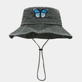 Detail of blue butterfly embroidery on washed grey denim outdoor wide brim sun hat - One Size / Army Green