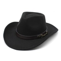 Classic black wool felt cowboy hat with brown leather band and golden horsebit buckle decoration - M (56-58cm) / Black