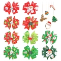 Set of 10 festive red and green ribbon Christmas bows with santa and reindeer patterns - 10 Colors Mixed