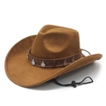 Vintage brown suede wide brim western cowboy hat with decorative metal coins and chin strap - M (56-58cm) / Khaki