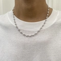 Close-up of retro hip-hop necklace with silver chain and white faux pearls on a male model - A2-15 (5mm Pearl)