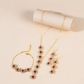 Elegant gold flower jewelry set featuring red and clear crystals with necklace and earrings - Red Gold Five Petal Flower Jewelry Set