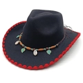Western cowboy style fedora with red crochet edge and beaded vintage ethnic band - M (56-58cm) / Black