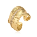 Detail of gold-plated copper ring featuring micro-pave zircons and wave texture - Adjustable Open / Wavy Texture Double Layer Rhinestone (CE00834YH)