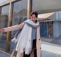 Winter knit scarf in white and grey color block style with fringe for men and women - Grey and White