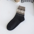 Winter wool knitted crew socks featuring vintage black Fair Isle snowflake patterns - 9064 Light Coffee Snowflake