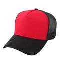 Detail view of red and black trucker hat featuring breathable mesh and curved brim - Adjustable / Black Red