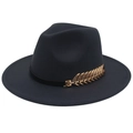 Detail of navy wool fedora with gold leaf metallic ornament on the black decorative ribbon - M(56-58cm) / Dark Grey (Golden Leaf)