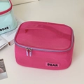 Portable rose red mesh makeup bag with double zippers and top handle for travel - Square Makeup Bag (Summer Mesh Makeup Bag) / Rose Red