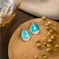Detail of vintage teardrop earrings with turquoise finish and small white pearl accents - E5843-Lake Blue Rose Gold Pearl Stitching