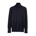 Slim fit navy blue turtleneck sweater with elegant gold buttons on sleeve cuffs - S / Navy Blue