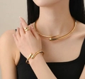 Three-piece geometric liquid metal jewelry set in KC gold including collar, bangle, and ring - Ring + Choker + Bangle (22) / Three-Piece Set / KC Gold