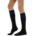 Classic black knee-high sports socks featuring three distinct royal blue stripes on the cuff - One Size / Black with Blue Stripes