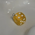 Translucent yellow dice pendant with white dots and a silver metal ring for DIY bags - Yellow Translucent Dice Pendant (PY049-HU)