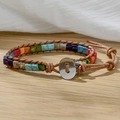 Bohemian leather wrap bracelet featuring rainbow square stones and tree of life button - Rainbow Square Stone/Oval Metal Button