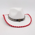 White felt cowboy hat with red scalloped trim and bull head metal emblem on a black band - White Red Edge