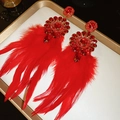 Detail of bohemian red feather earrings with sparkling rhinestones in a luxury tray - Silver Pin - Red - Exaggerated Feather Tassel (26#)
