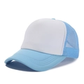 Close-up of light blue and white trucker hat with breathable mesh and reinforced stitching - One Size / Light Blue + White