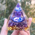 Orgone energy pyramid with amethyst sphere and yin yang base on hand with nature background - Style 69