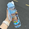 Capybara water bottle with blue lid, straw and carry strap featuring cartoon graphics - Transparent Blue (New)