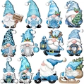 Ornamenti natalizi in legno blu e bianco con motivi di fiocchi di neve e regali - Gnomi di Natale Blu (12 Pezzi)