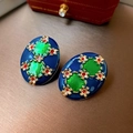 Vintage-Ohrringe in Blau und Grün mit goldenen Blumen und roten Kristallen im Retrostil - Emaille Blume Oval (11#)