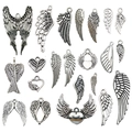 Collection of antique silver angel wing pendants and heart charms in diverse metal styles - Mixed 22pcs Antique Silver Wing Set (SN13)