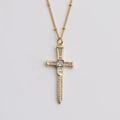 Gold cross pendant necklace with cubic zirconia gemstones on a beaded chain - Style 01083CX / 40+5CM Bead Chain / Gold