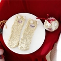 Cute alpaca coral fleece winter socks in a clear gift ornament ball with red ribbon - Kids Size (Without Ball) / Khaki Sheep