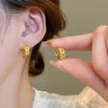 18k gold plated hoop earrings with vintage coin patterns and model style view - 66# Ear Buckle - Gold Coin Shape