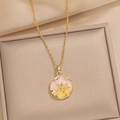 Collana dorata stile Monet con ciondolo a fiori rosa e gialli su una base di seta - Loto Rotondo - Rosa (A20 Rosa)