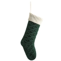 Green knitted Christmas stocking with white ribbed cuff and wavy fish scale texture - Dark Green(Body)/Ivory(Cuff)