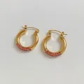 Golden C-shaped stainless steel hoop earrings with pink rhinestones for women - Gold Rose Red Zirconia Style (KDE1997)