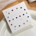 Set of 12 pairs of colorful round cubic zirconia stud earrings on starry card packaging - Multicolor (E1810-1)