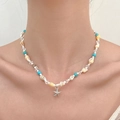 Beaded shell necklace with blue turquoise and silver starfish pendant on model - Starfish Necklace (12354)