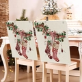 Set of two linen Christmas chair covers featuring festive stockings and holly leaf pattern - Beige Christmas Sock Bow (YT01-40)