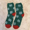 Green coral fleece Christmas socks with white snowflake patterns and red toe accents - One Size / New Red Heel Small Snowflake