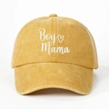 Detail of Boy Mama embroidery and heart pattern on washed cotton baseball cap - One Size / Yellow
